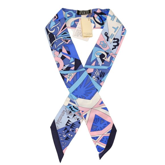 HERMES Twilly LE NOMBRE D OR Golden Number Scarf 100% Silk Blue - Picture 3 of 6